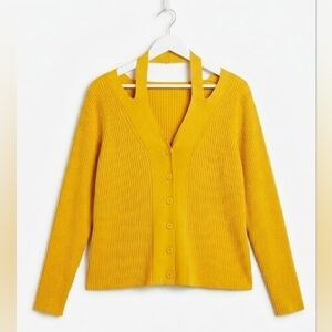 Boho 2X Golden Yellow Ribbed Knit Spring Button Stretch Front Sweater New